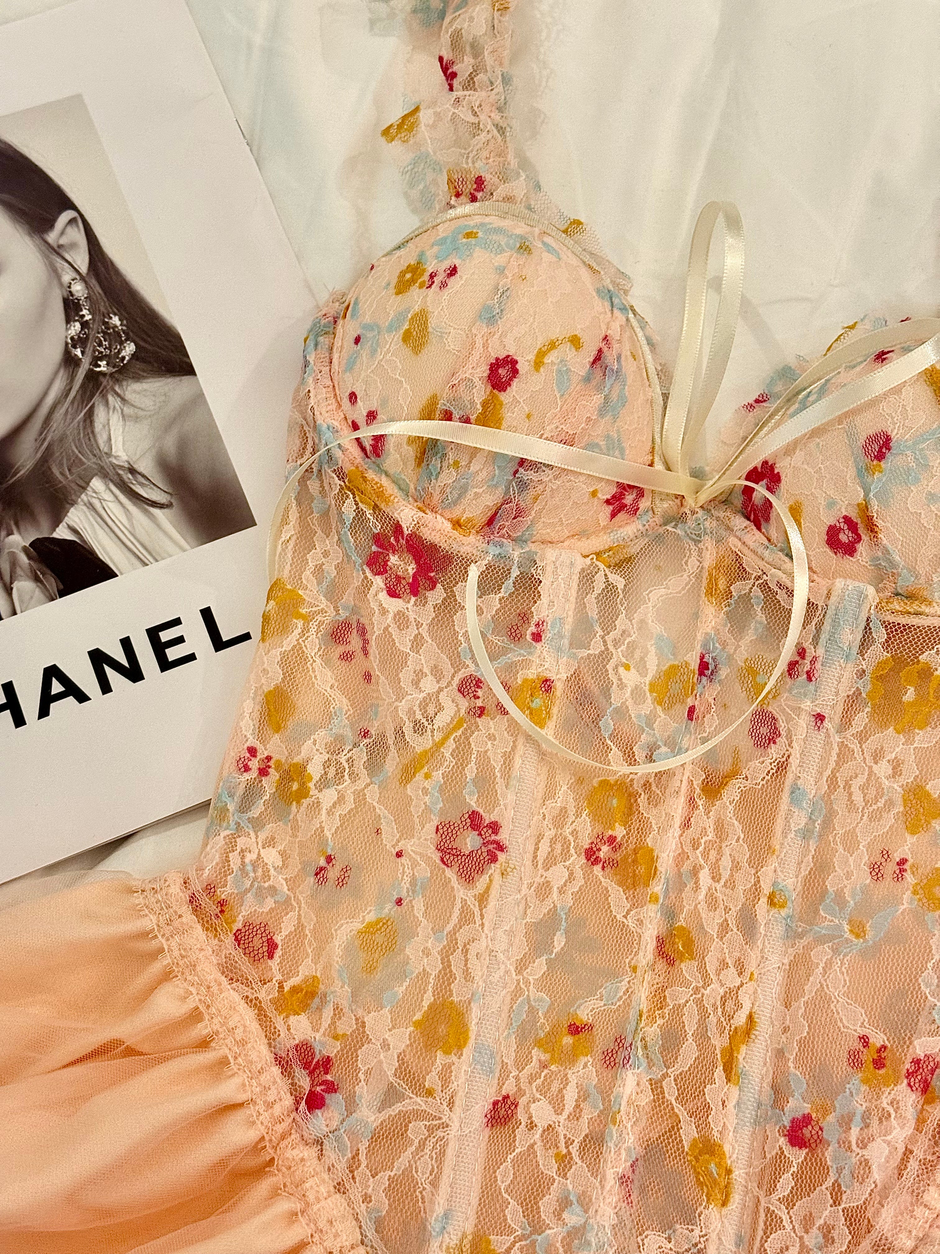 Pure Desire Floral Print Fishbone Bustier Dress