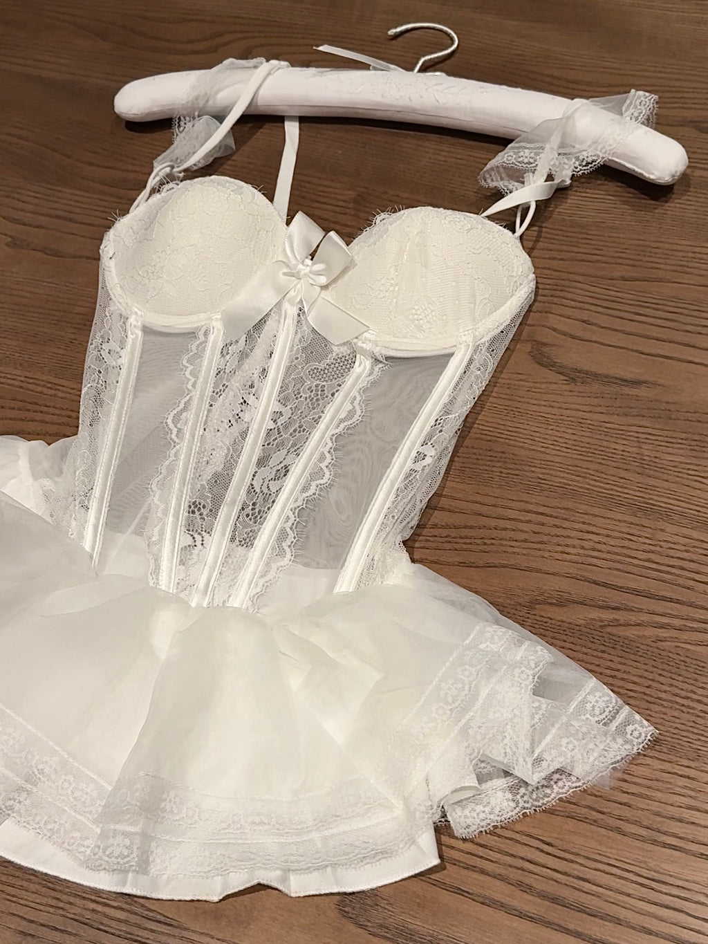 French Boned Corset Lace Mesh Ruffled Dress Lingerie