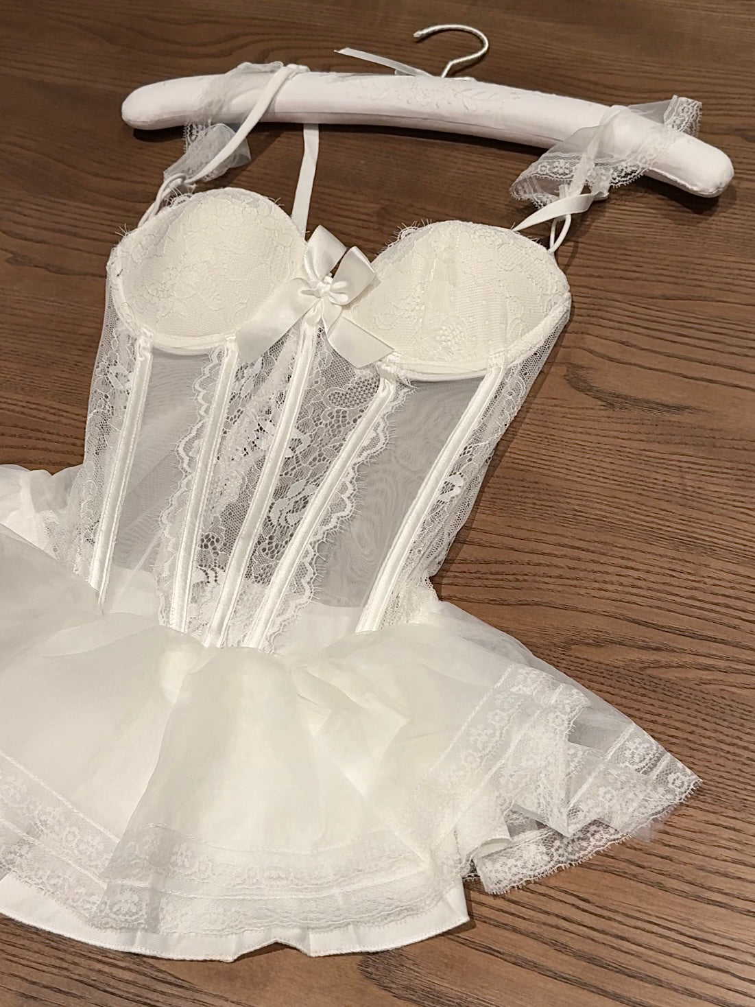 French Boned Corset Lace Mesh Ruffled Dress Lingerie