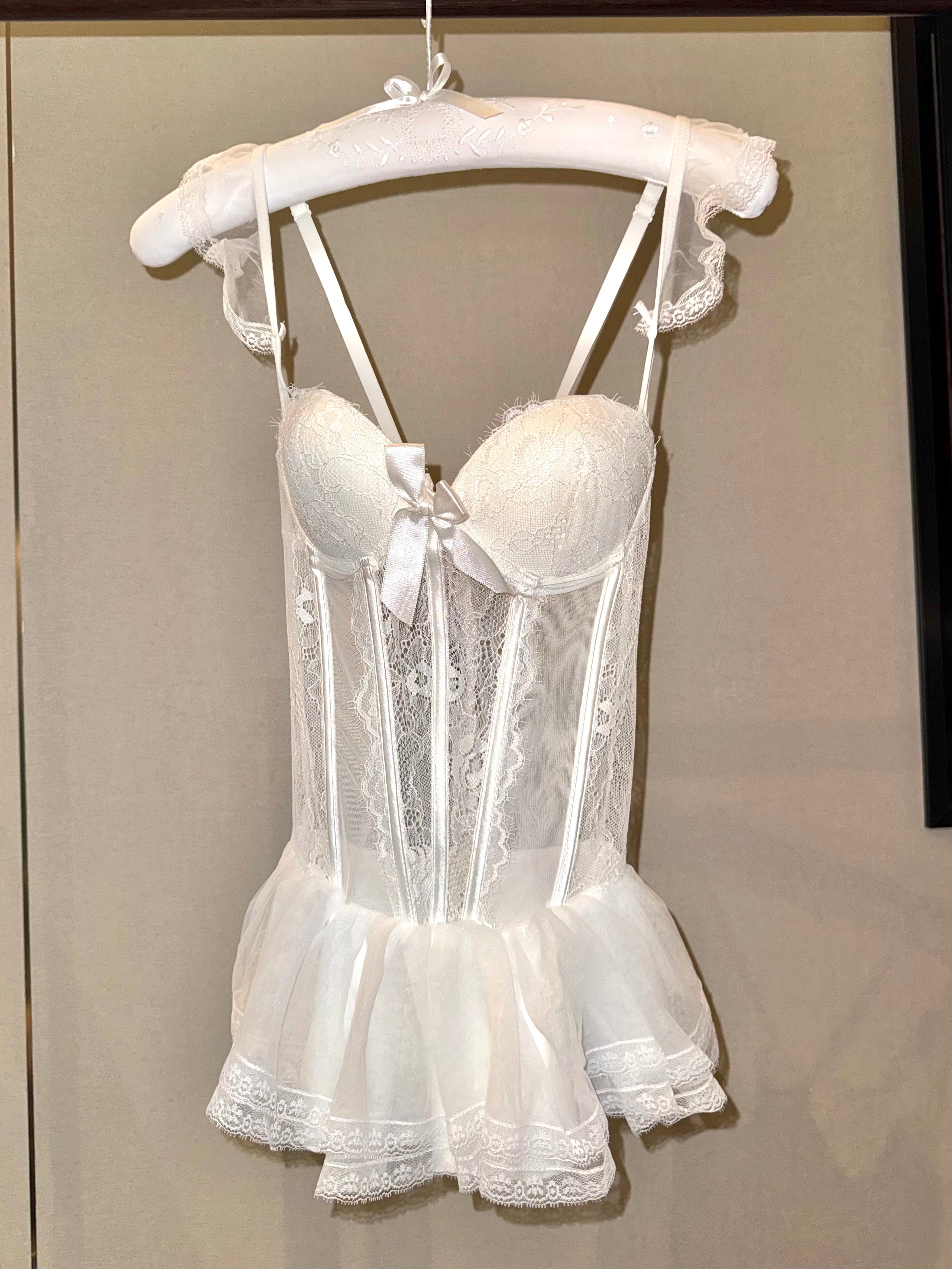 French Boned Corset Lace Mesh Ruffled Dress Lingerie