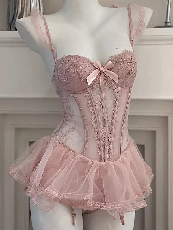 French Boned Corset Lace Mesh Ruffled Dress Lingerie