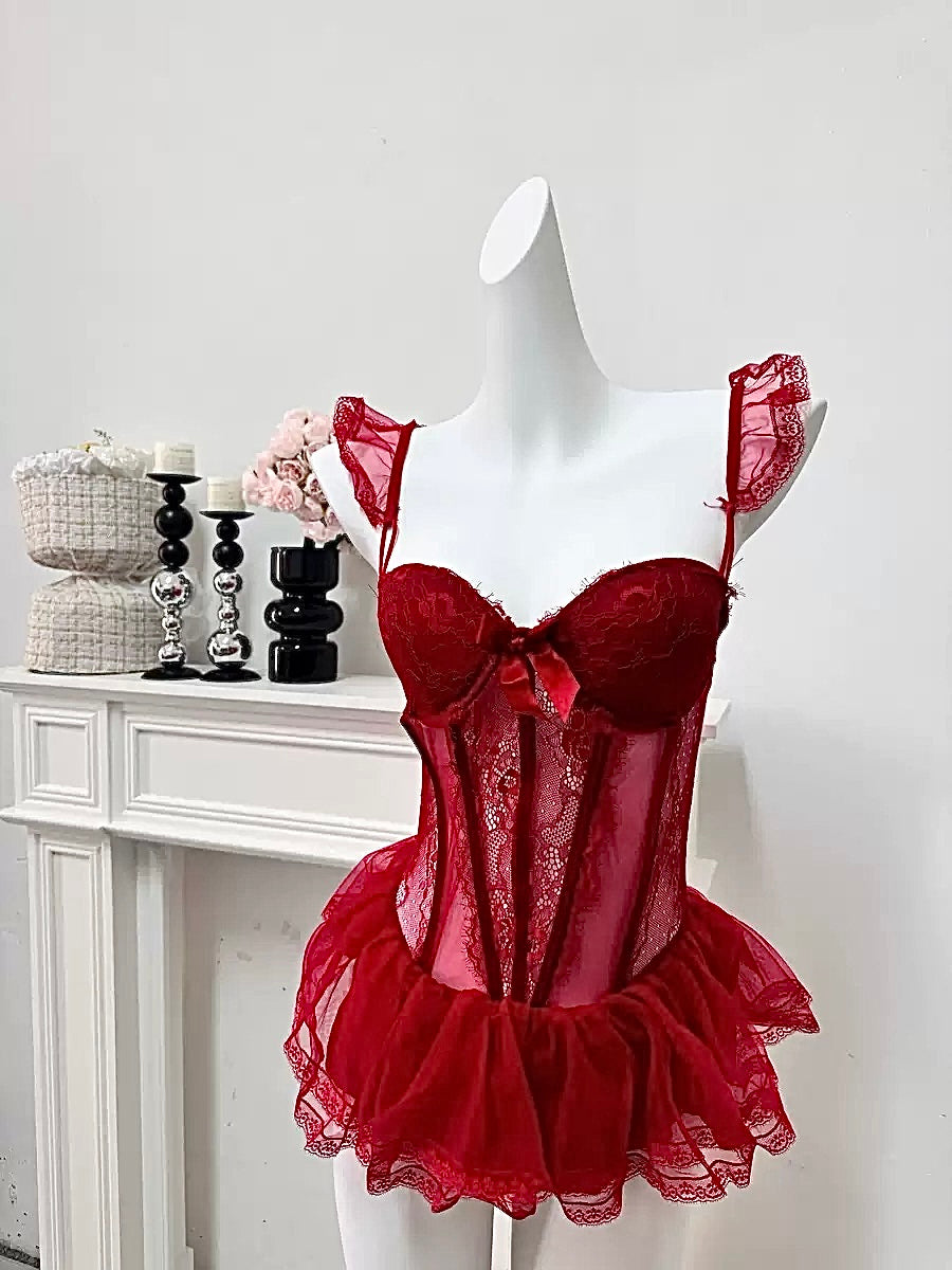 French Boned Corset Lace Mesh Ruffled Dress Lingerie