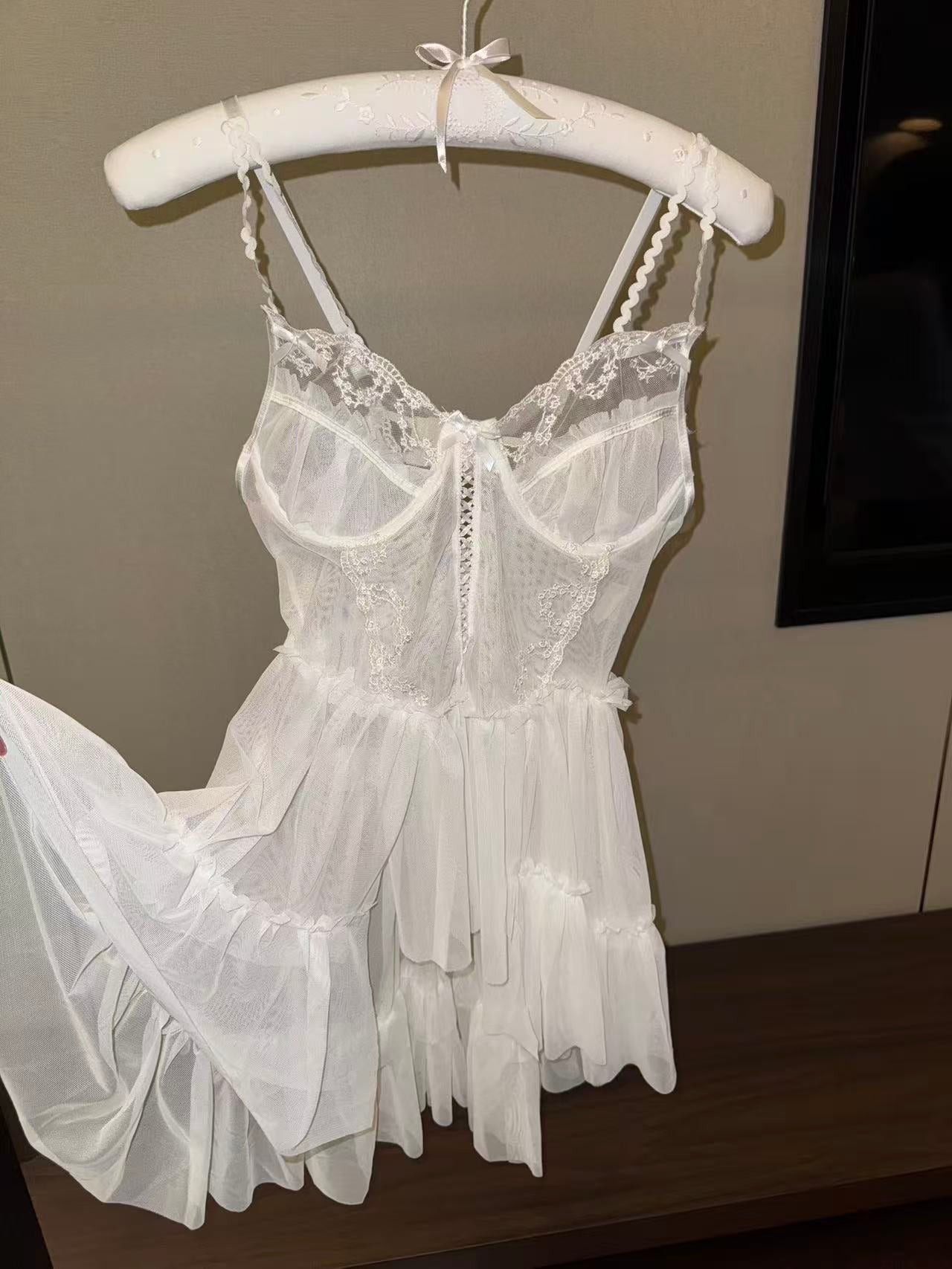 Embroidered Lace Ballet Slip Dress, Sheer Mesh Open Back Lingerie