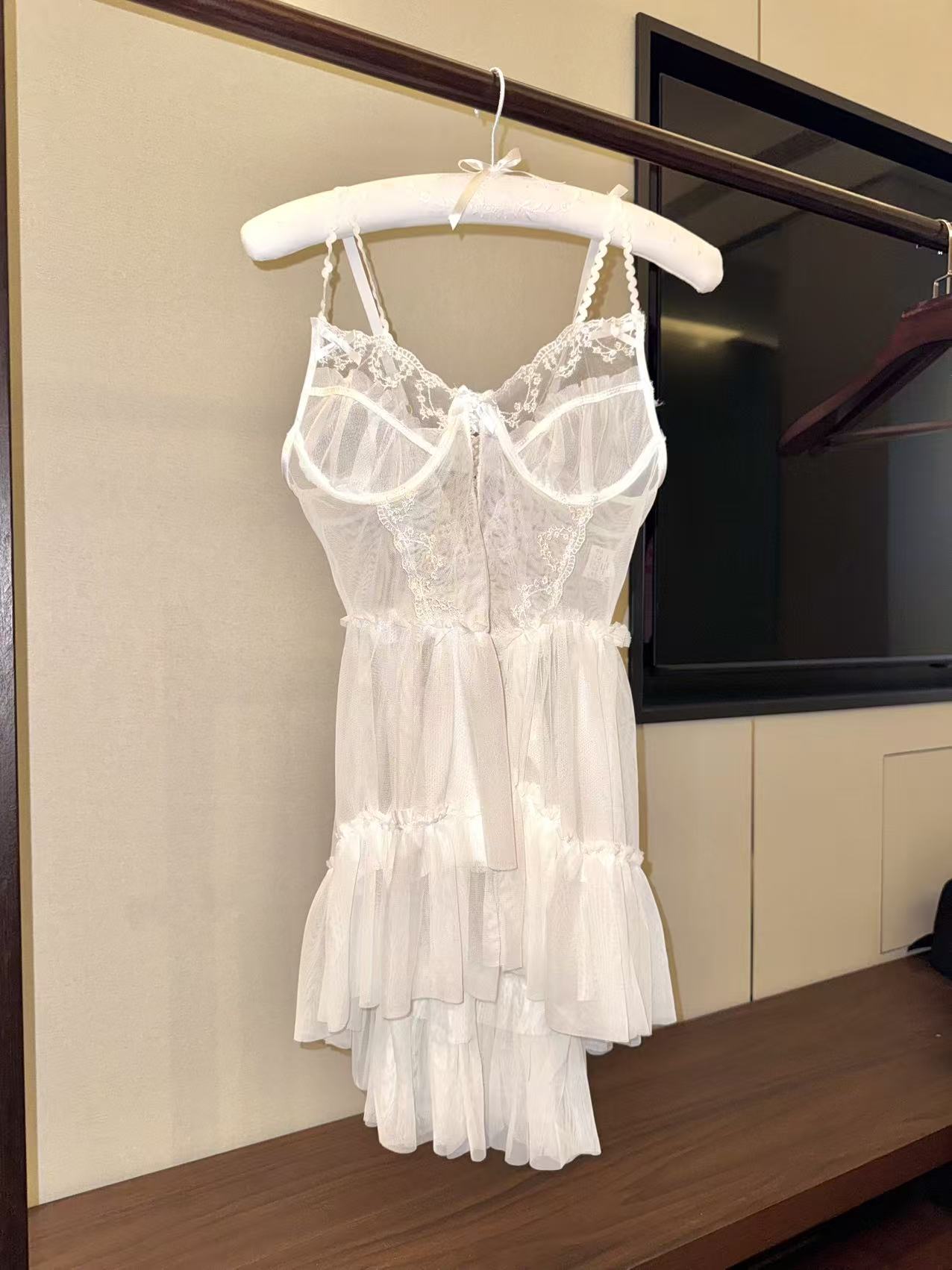 Embroidered Lace Ballet Slip Dress, Sheer Mesh Open Back Lingerie