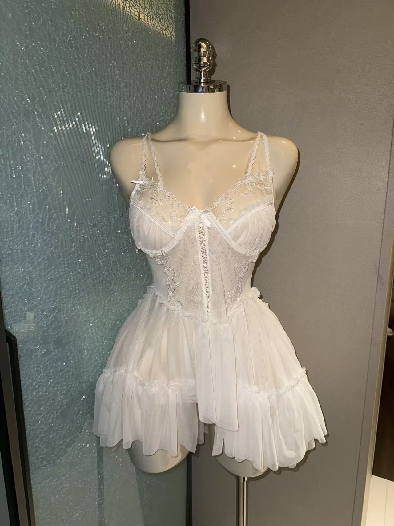 Embroidered Lace Ballet Slip Dress, Sheer Mesh Open Back Lingerie