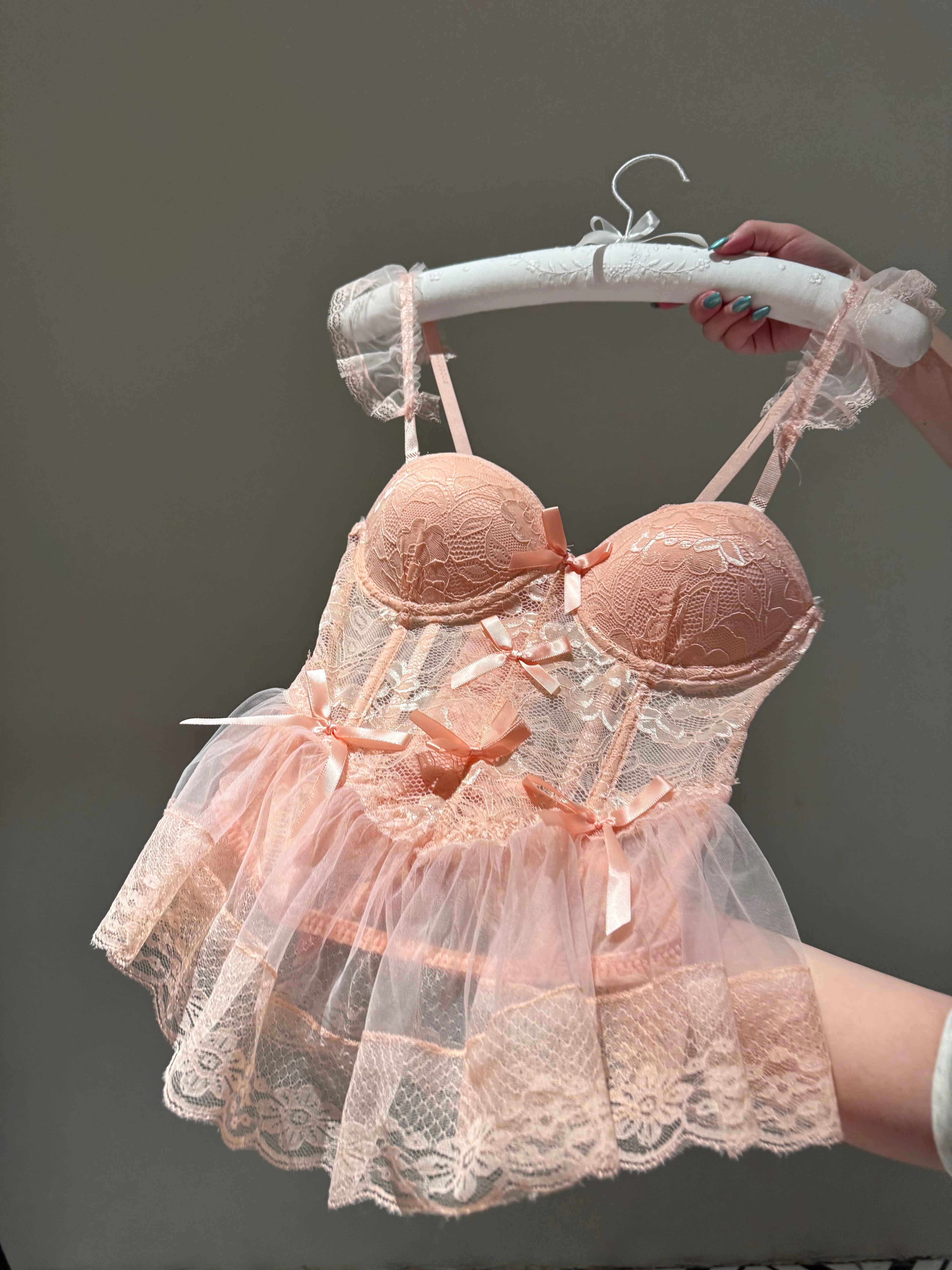 French Ballet Coquette Lace Nightdress, Sheer Mesh Boned Corset Vest