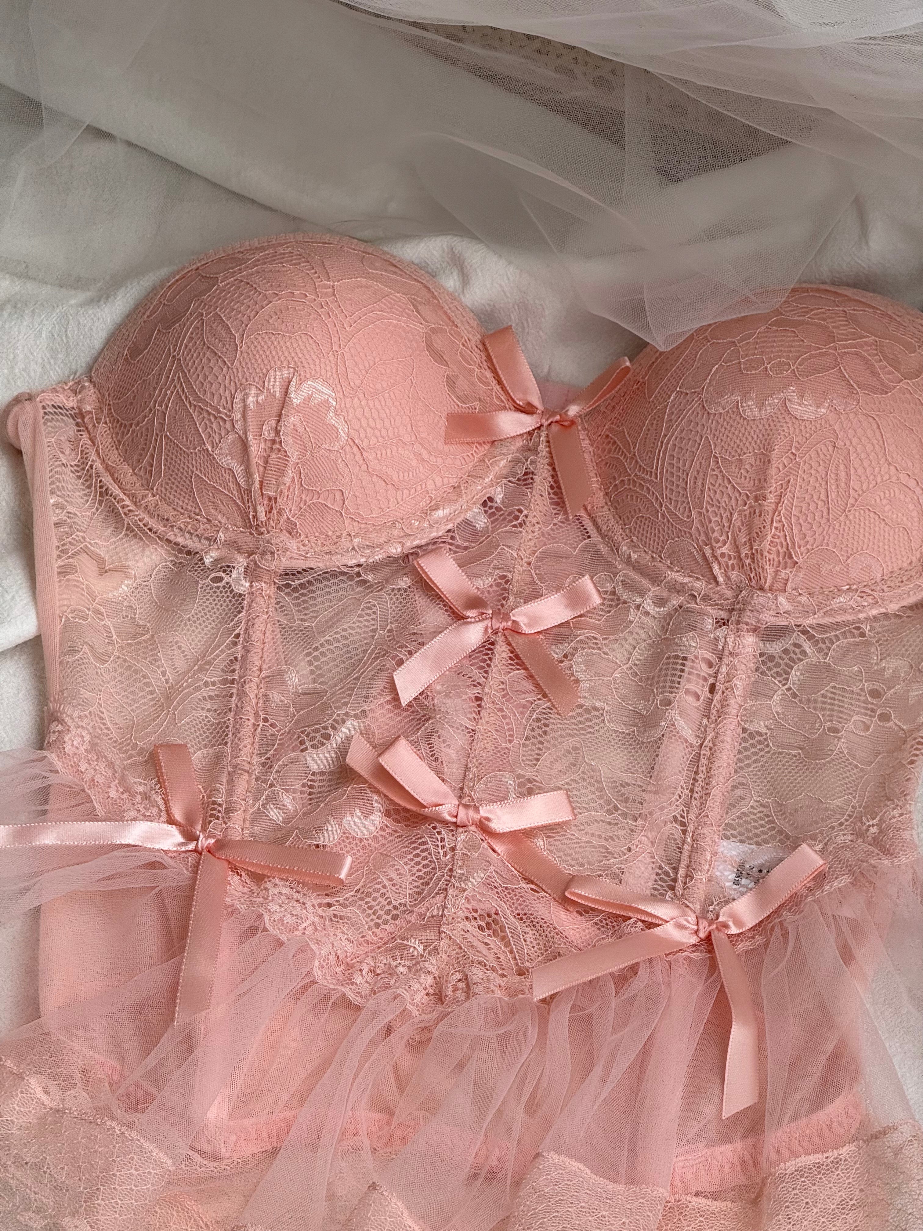French Ballet Coquette Lace Nightdress, Sheer Mesh Boned Corset Vest