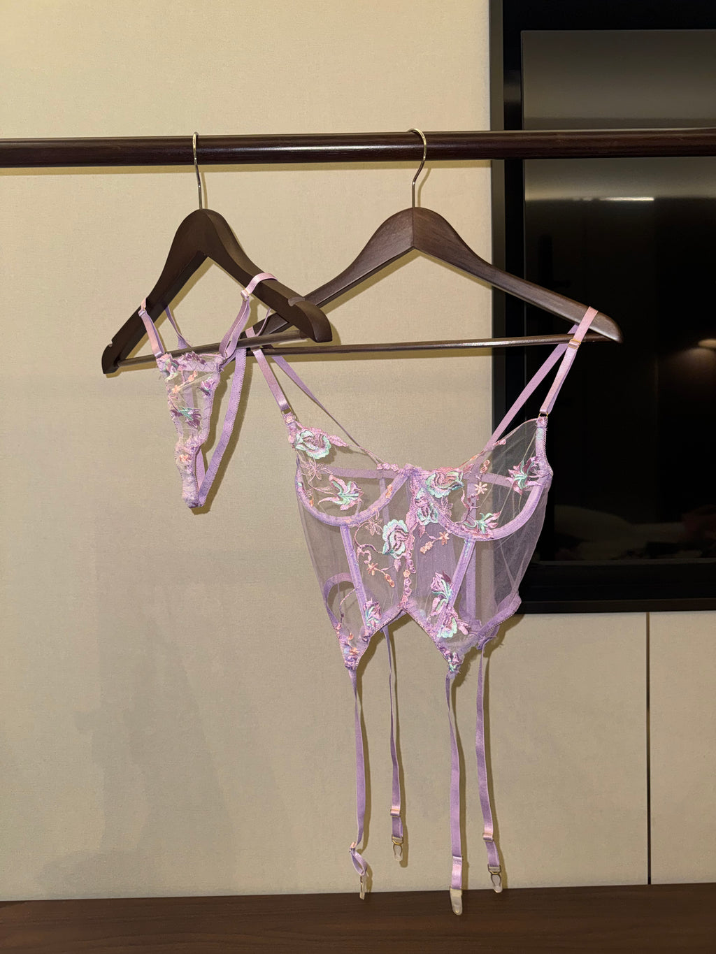 3-Piece Sheer Mesh Lingerie Set, Embroidered Lace See-Through Outfit