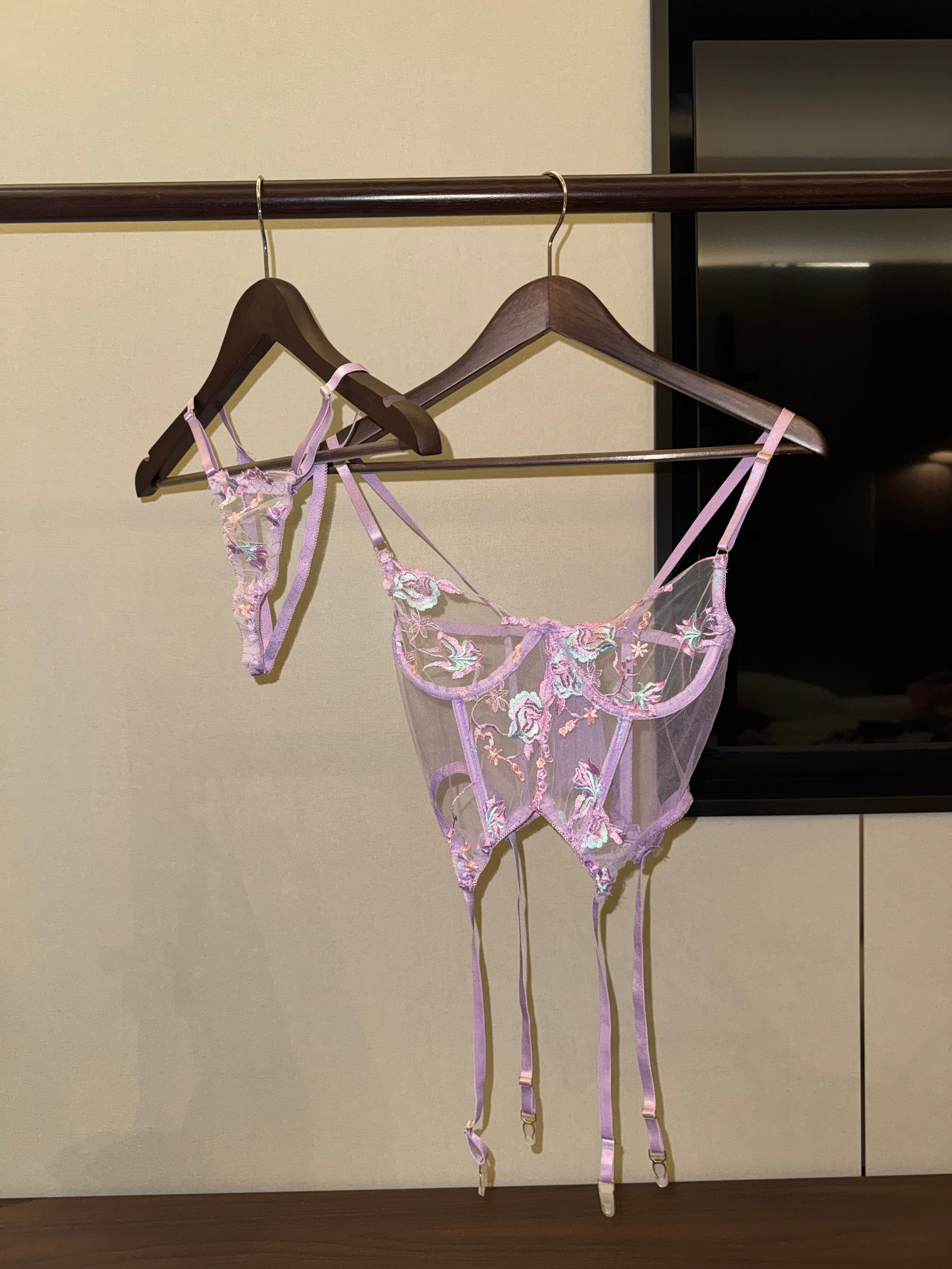 3-Piece Sheer Mesh Lingerie Set, Embroidered Lace See-Through Outfit