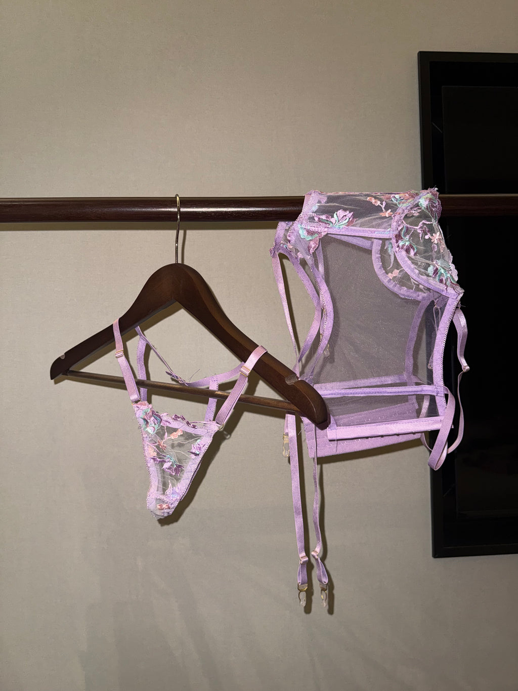 3-Piece Sheer Mesh Lingerie Set, Embroidered Lace See-Through Outfit