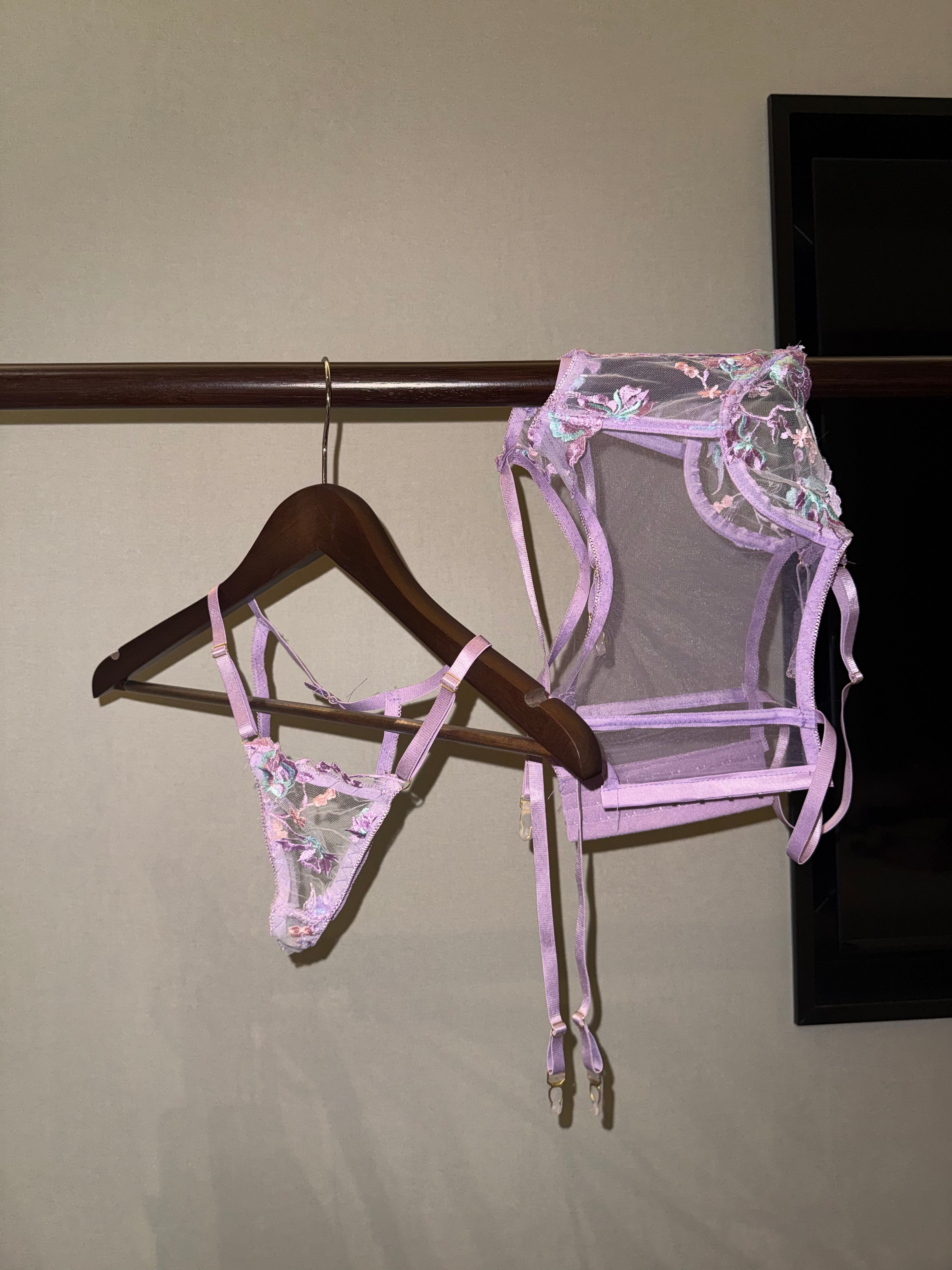 3-Piece Sheer Mesh Lingerie Set, Embroidered Lace See-Through Outfit