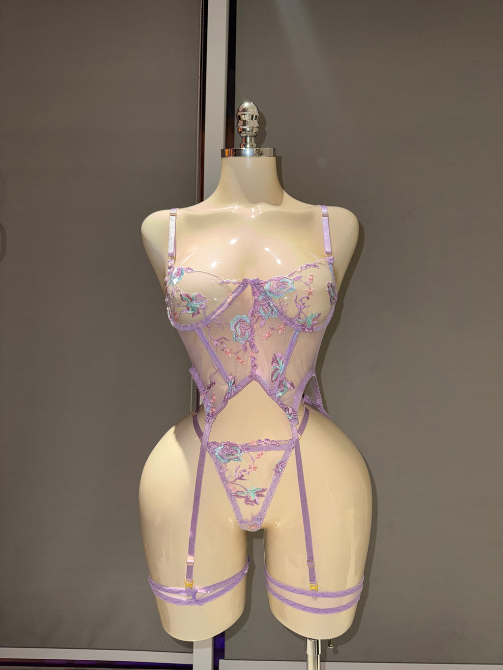 3-Piece Sheer Mesh Lingerie Set, Embroidered Lace See-Through Outfit