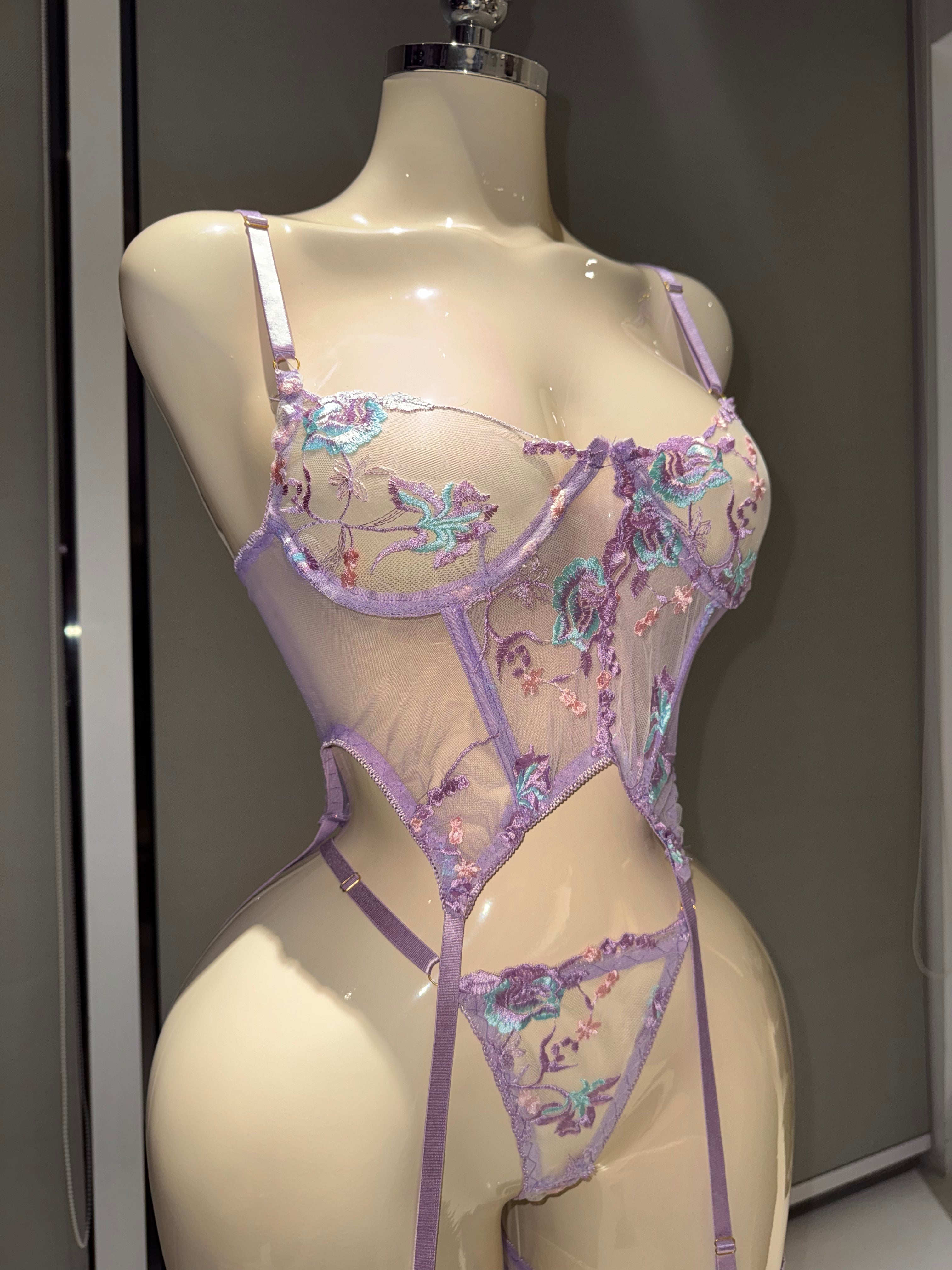 3-Piece Sheer Mesh Lingerie Set, Embroidered Lace See-Through Outfit