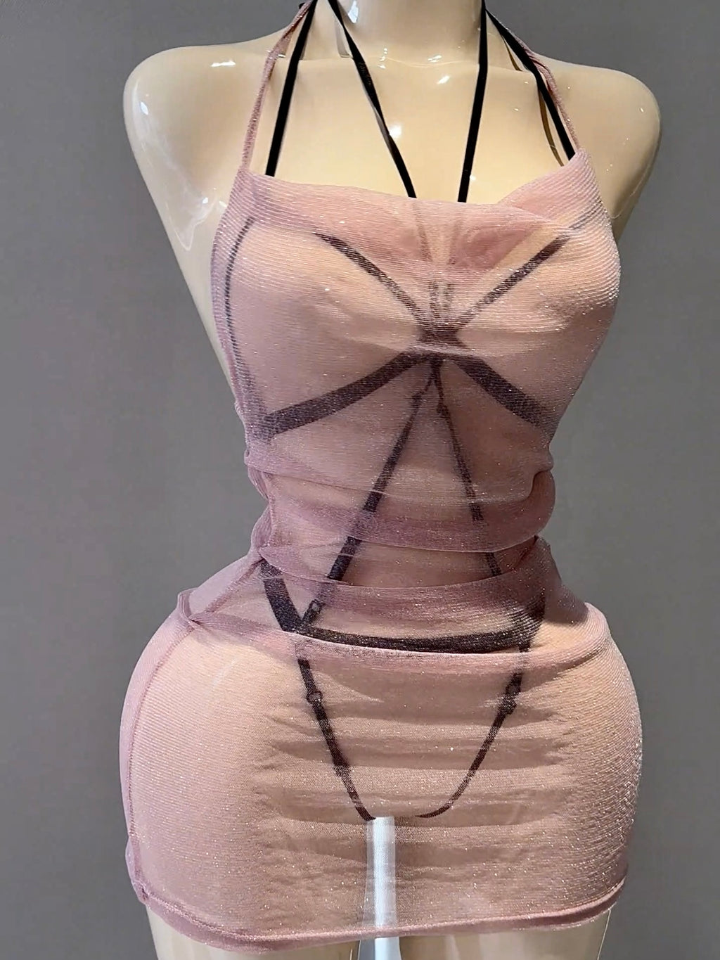 Pink Mesh See-Through Bodycon Dress, Lace-Up Uniform Set