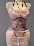 Pink Mesh See-Through Bodycon Dress, Lace-Up Uniform Set