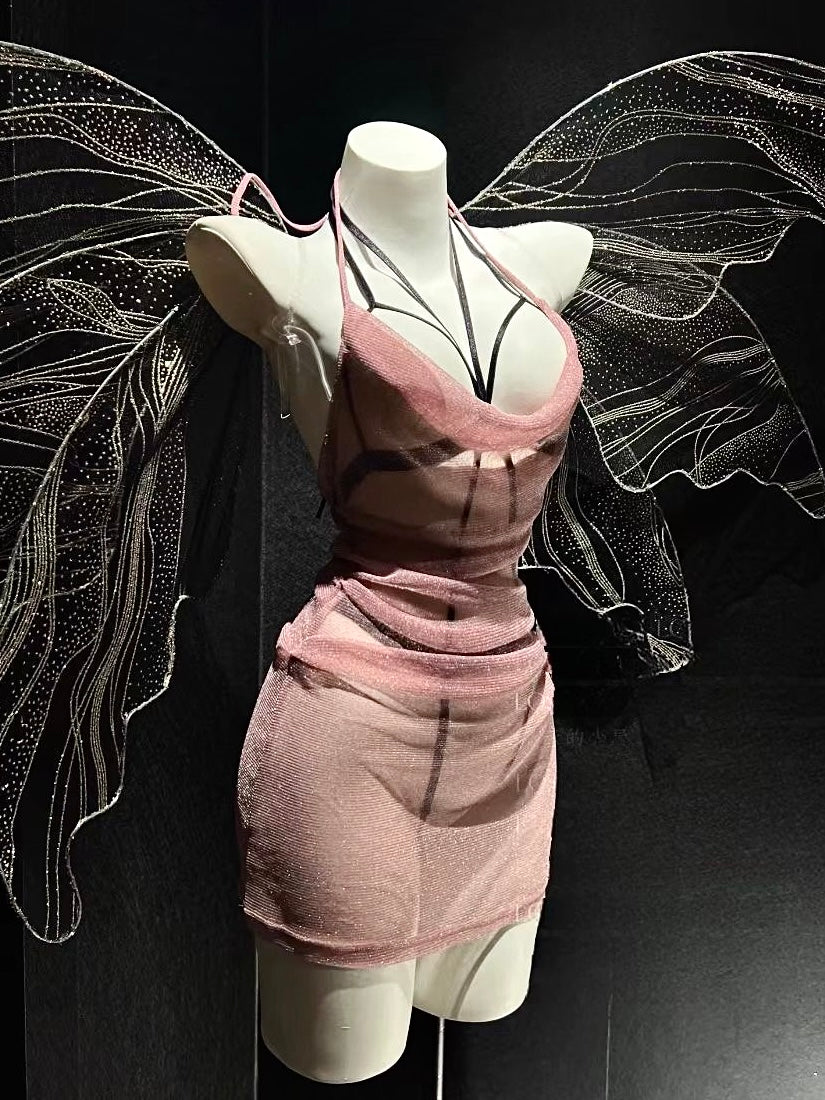 Pink Mesh See-Through Bodycon Dress, Lace-Up Uniform Set