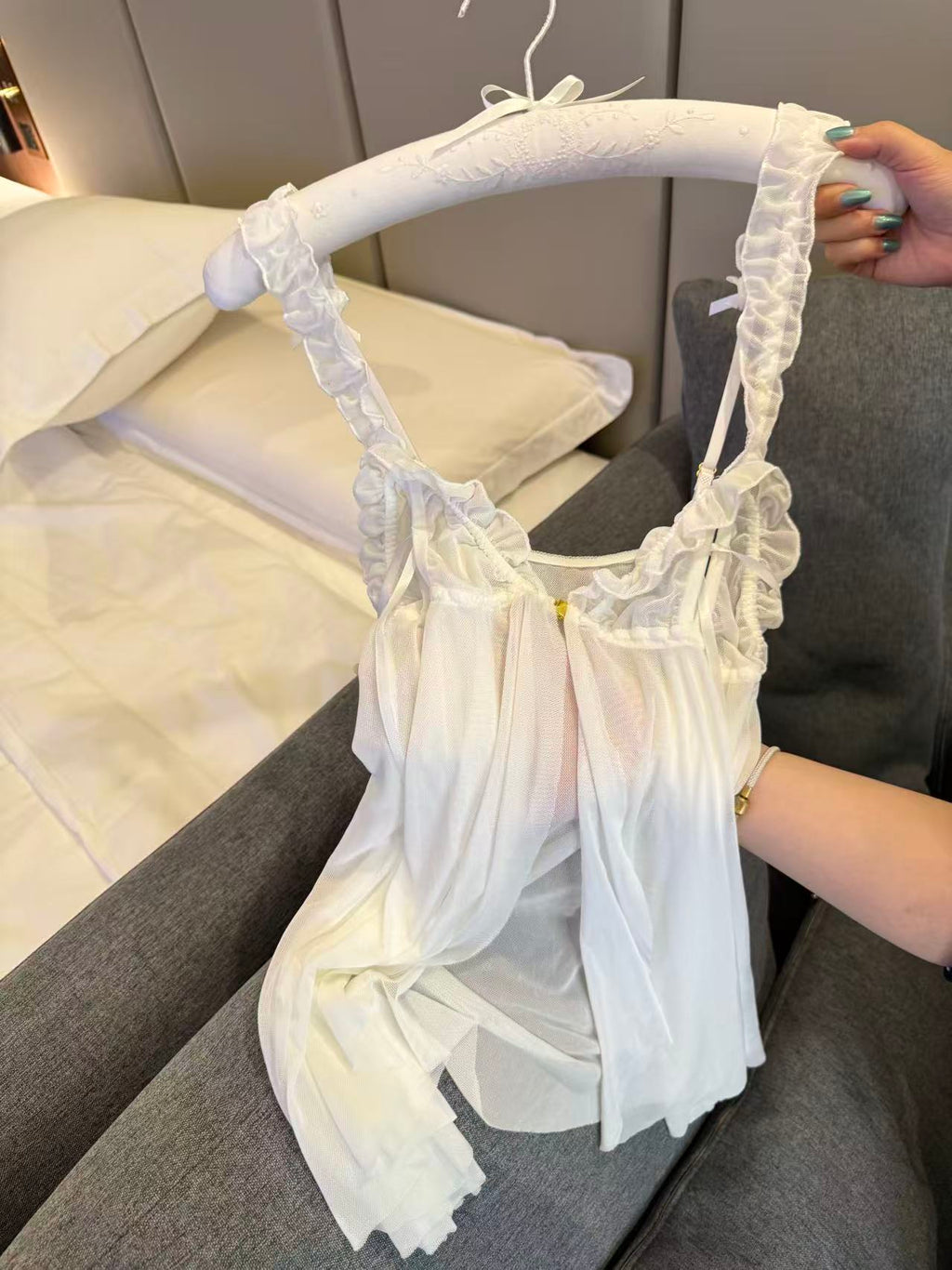 White Tulle Sheer Nightdress, Romantic Sexy Sleepwear