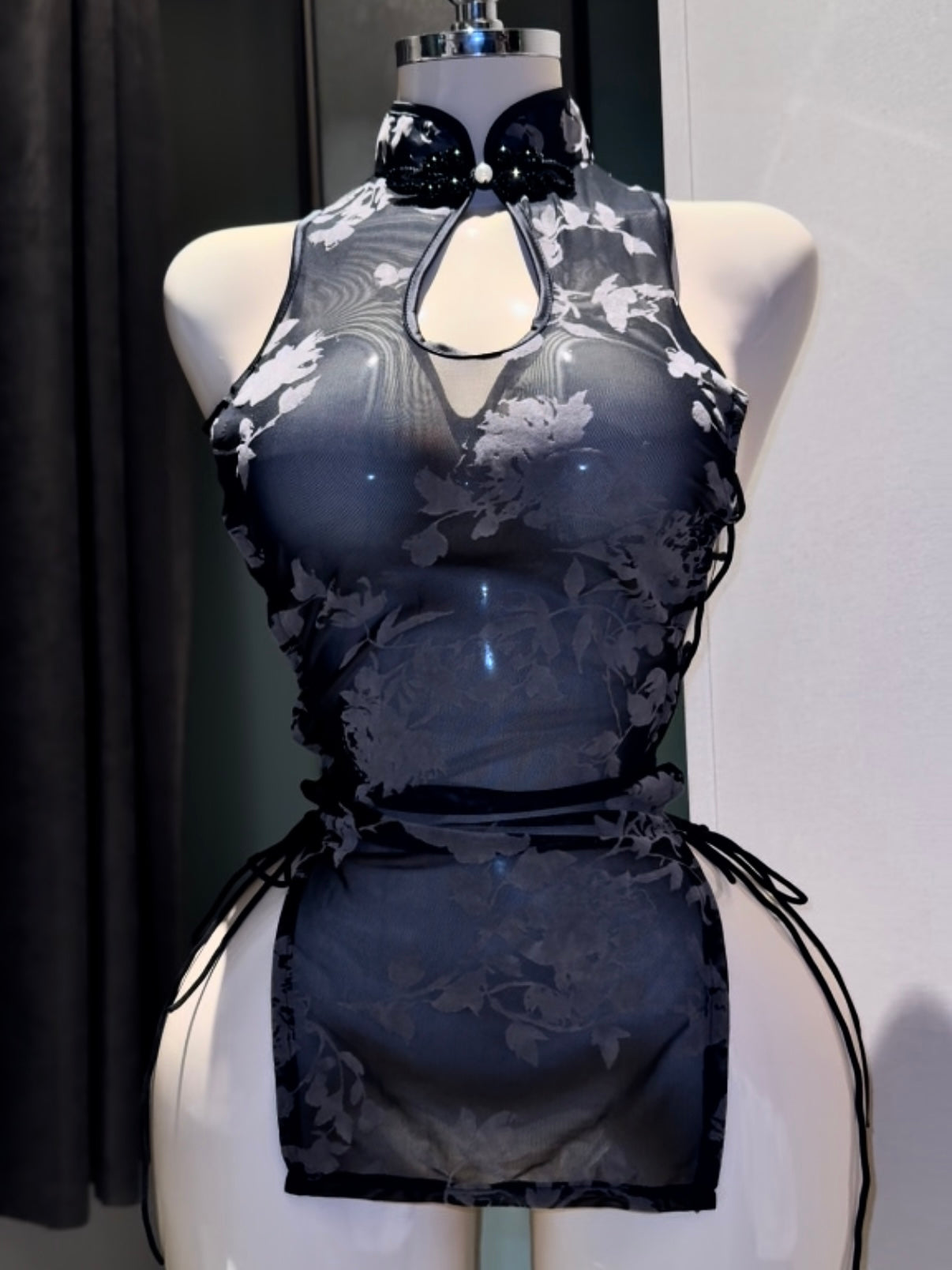Ink Wash Sheer Cheongsam, New Chinese High Slit Lace-Up Dress