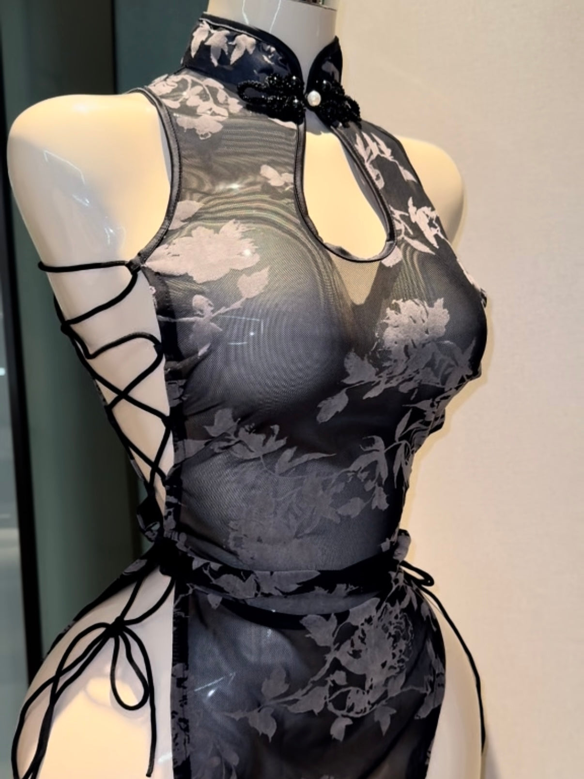 Ink Wash Sheer Cheongsam, New Chinese High Slit Lace-Up Dress