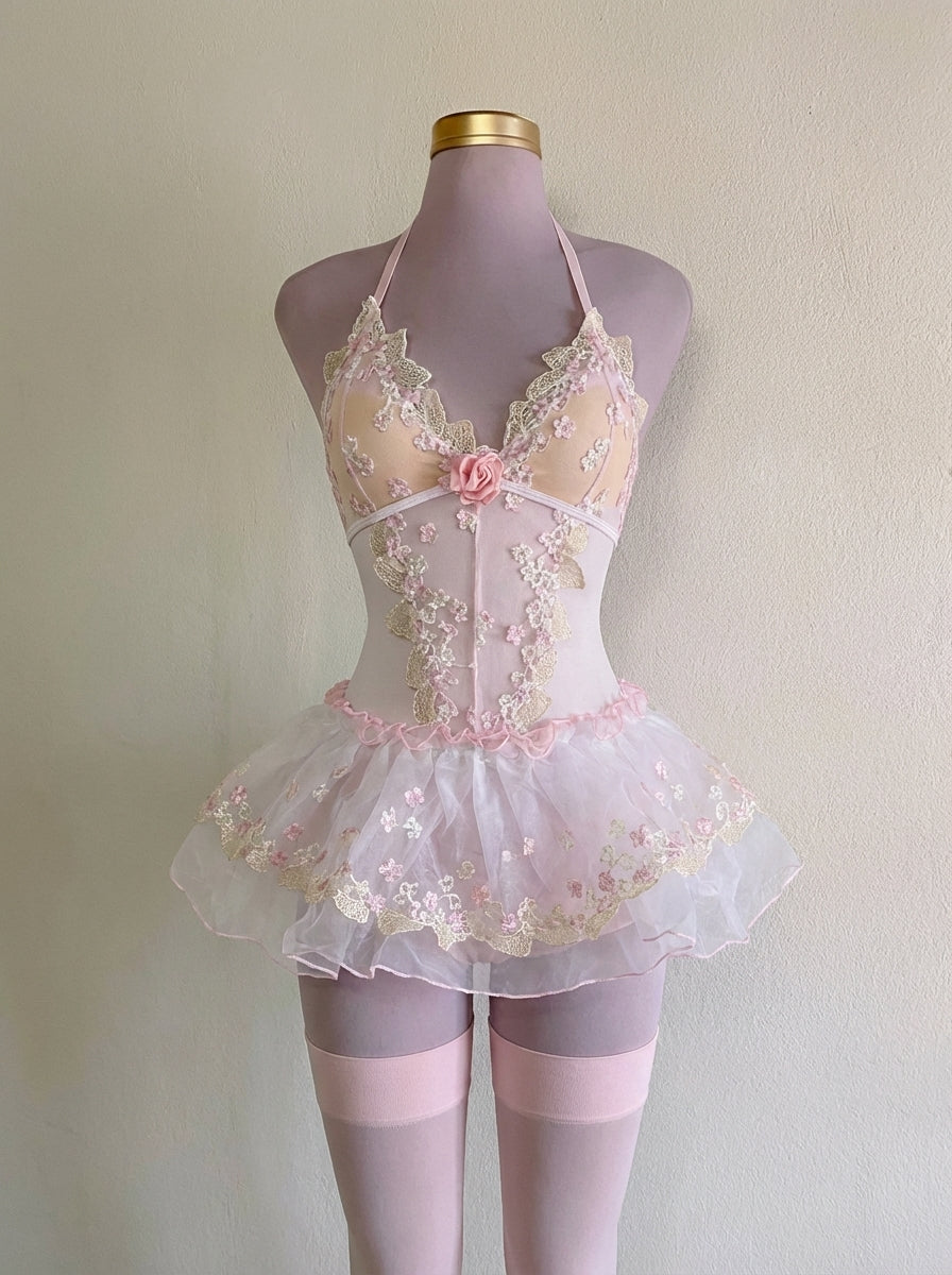 Floral Lace Ballet Corset Lingerie Set with Tutu Skirt & Stockings | Camille Blush