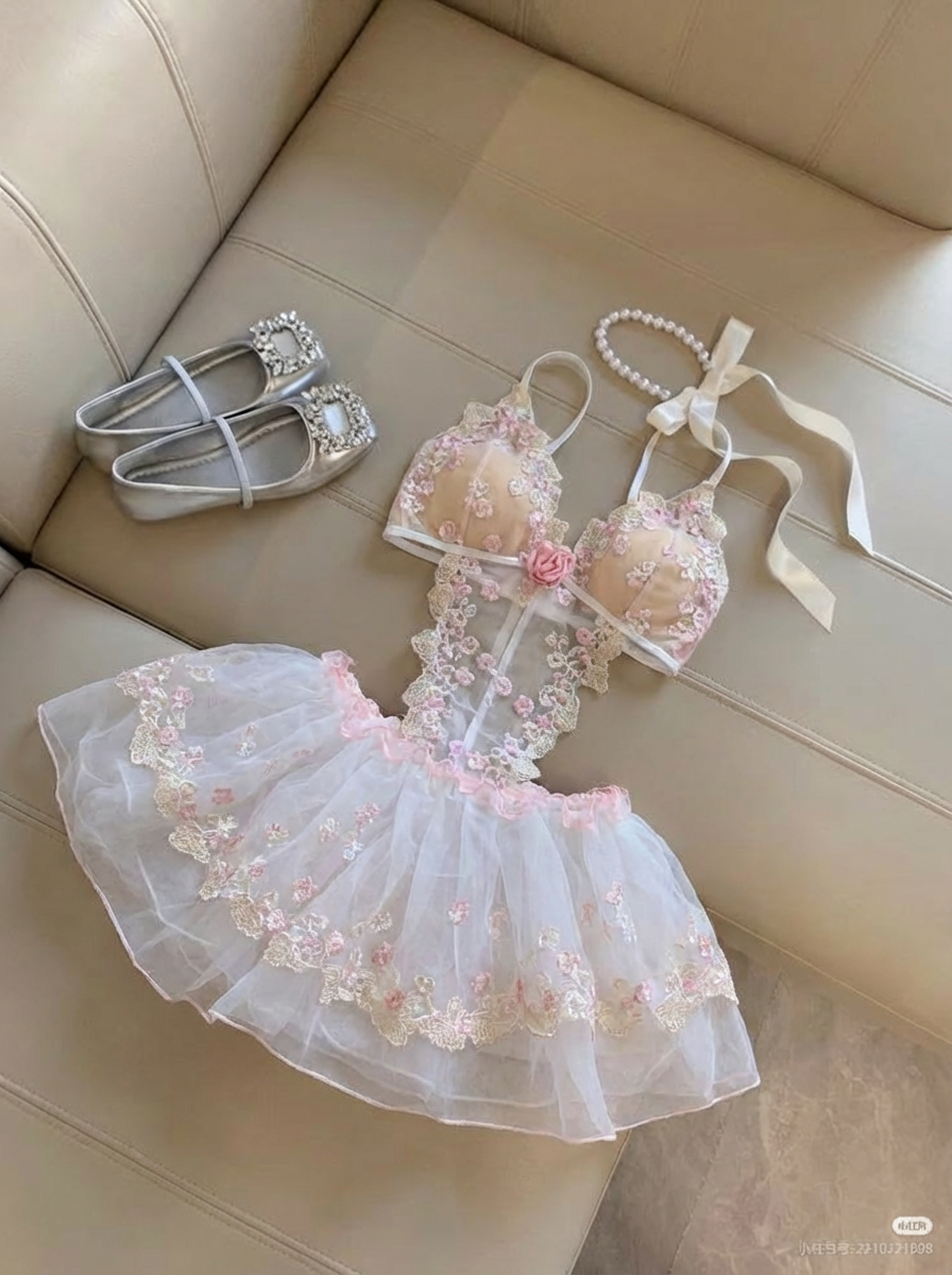 Floral Lace Ballet Corset Lingerie Set with Tutu Skirt & Stockings | Camille Blush