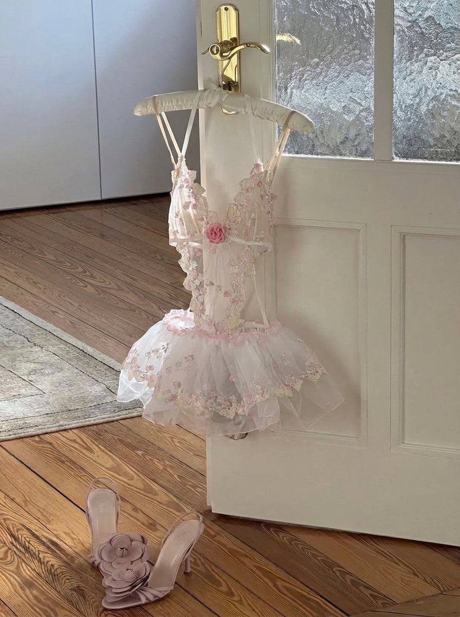 Floral Lace Ballet Corset Lingerie Set with Tutu Skirt & Stockings | Camille Blush