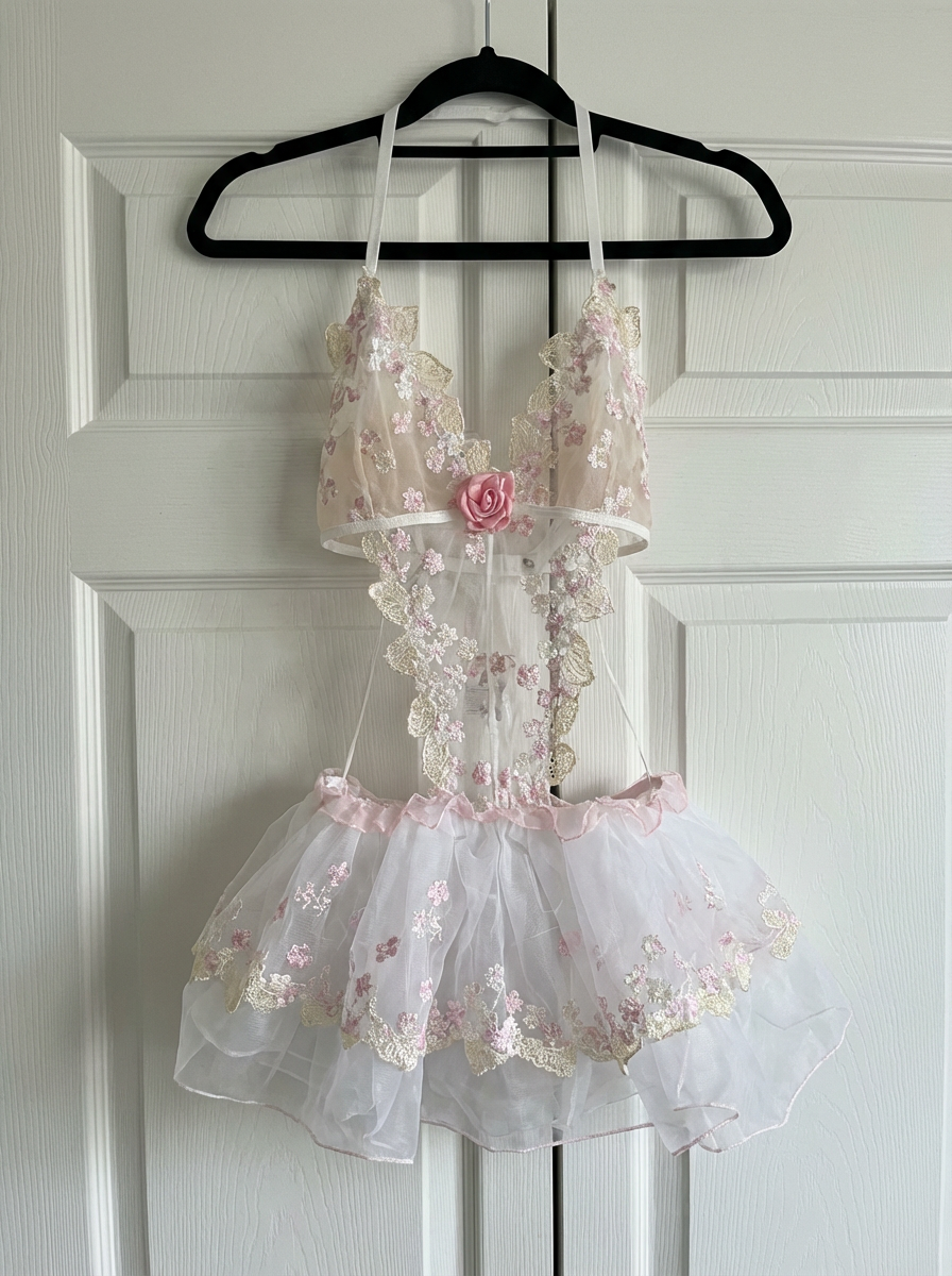 Floral Lace Ballet Corset Lingerie Set with Tutu Skirt & Stockings | Camille Blush